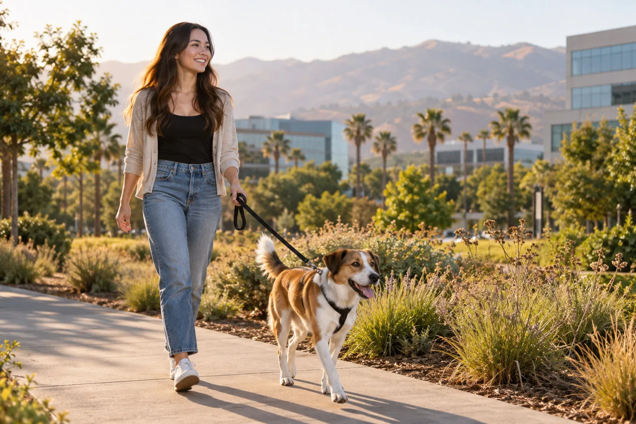 Owner walking a dog along a landscaped path